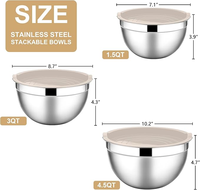 E-far Mixing Bowls with Lids, 6-Piece Stainless Steel Salad Bowls Metal Nesting Bowls for Baking Cooking and Prepping, Airtight Lids & Stackable Design, Size 4.5, 3, 1.5 QT (Khaki) - Image 2