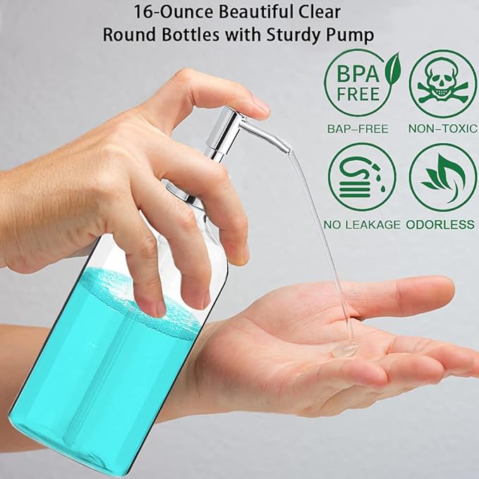Clear Soap Dispenser with Rust Proof Pump, Waterproof Labels (2 Pack,16 Oz), Plastic Hand Soap Dish Soap Dispenser for Kitchen Bathroom - Image 4