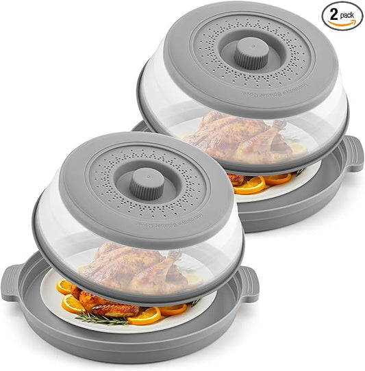 2 Pack Microwave Splatter Cover for Food with Anti-scald Base Plate,Large Plastic & Silicone Vented Avoid Scalding Collapsible Guard Lid,Kitchen Essential Gadgets for Meal Prep-10.7 Inch by Unknown
