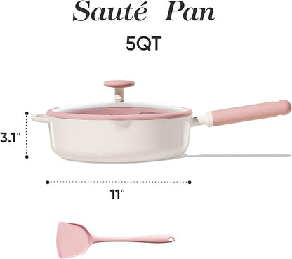 CAROTE 11 Inch Nonstick Deep Frying Pan with Lid, 5 Qt Chef Saute Pan with Pour Spout, Skillet Induction Cookware, Non Stick Cooking Pan Kitchen Pan, Healthy & PFOA/PFAS Free, Includes Spatula, Pink - Image 2