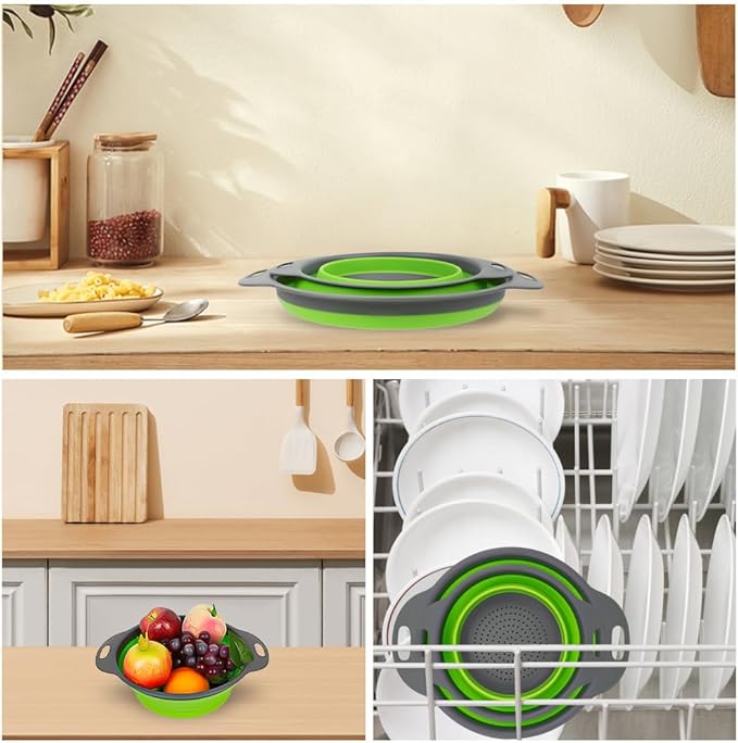 AUAUY 2 Pack Collapsible Colander Set, Round Silicone Folding Collapsible Strainers with Plastic Handles, Eco-Friendly Food Strainer for Kitchen Draining Pasta Vegetables Fruits-1 Large and 1 Small - Image 8