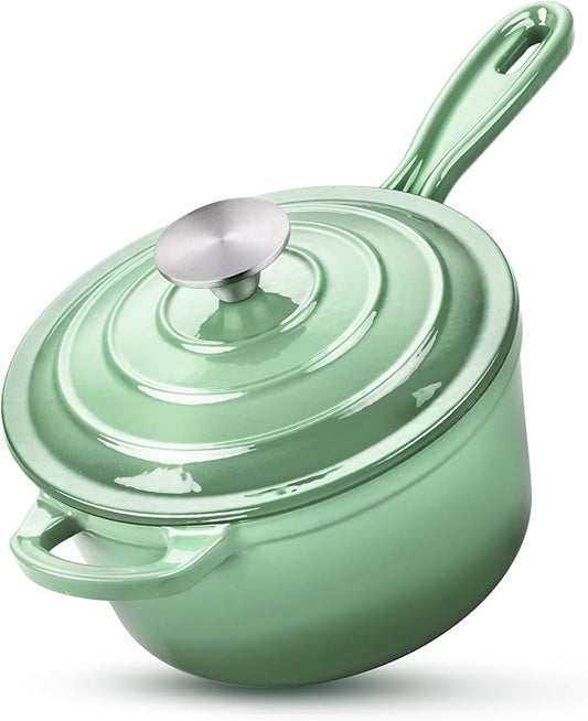 HaSteeL 1 QT Cast Iron Saucepan, Mini Enamel dutch oven with lid, Small Non Stick Pan for Milk, Pasta Tomato Sauce, Butter, Breakfast, Soup, Suitable for Boiling Stewing Frying, Easy to Clean, Green