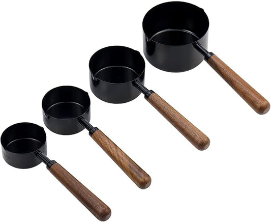 Set of 4 Measuring Cups and Spoons Black Measuring Cups with Wooden Handle Stainless Steel Measuring Spoons and Scoops Set for Kitchen Flour Spice Seasoning Measurement (1+1/2+1/3+1/4 Cup) by Mewutal