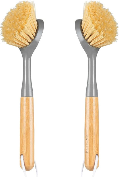 2 Pack Dish Brushes with Bamboo Handle, Kitchen Dish Scrubber Built-in Scraper, Scrub Brush for Pans, Pots, Counter & Kitchen Sink Cleaning, Dishwashing and Cleaning, Perfect Cleaning Tools, Gray by FunCee