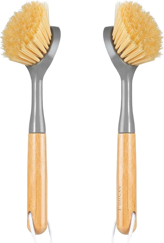 2 Pack Dish Brushes with Bamboo Handle, Kitchen Dish Scrubber Built-in Scraper, Scrub Brush for Pans, Pots, Counter & Kitchen Sink Cleaning, Dishwashing and Cleaning, Perfect Cleaning Tools, Gray by FunCee