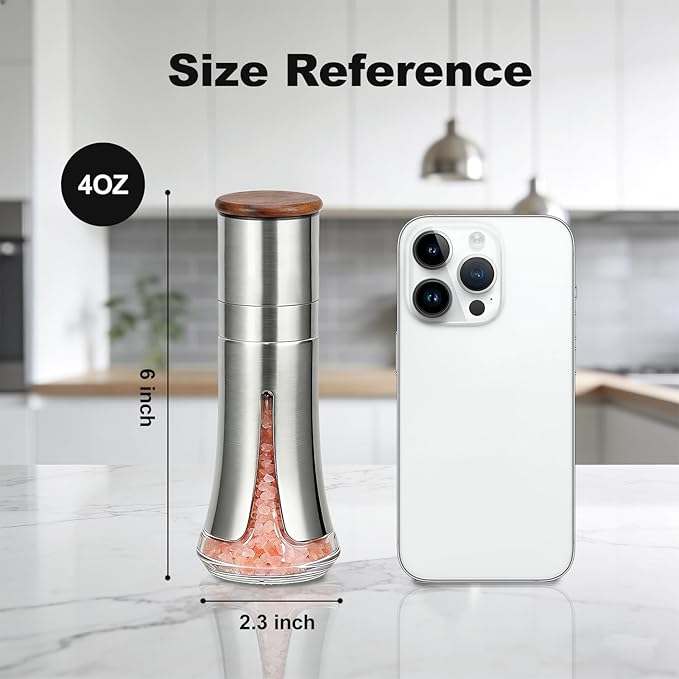 Aelga Salt and Pepper Grinder Set Manual - 4oz Stainless Steel Pepper Mill with 5-Level Adjustable Coarseness, Refillable Glass Salt Grinder with Wood Lid, Silicone Funnel, Modern Kitchen Gift Set - Image 4