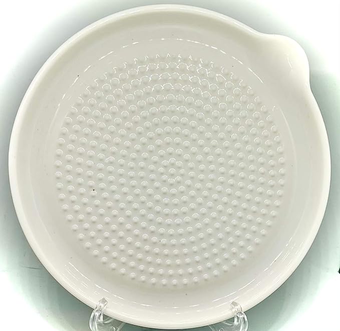 BonCera, Premium Ceramic Garlic Grater Plate 3-Piece Set - White Modern Design and Style - For Garlic, Ginger, Chocolate, and more! - Comes with 6.5" Plate, Peeler, and Brush
