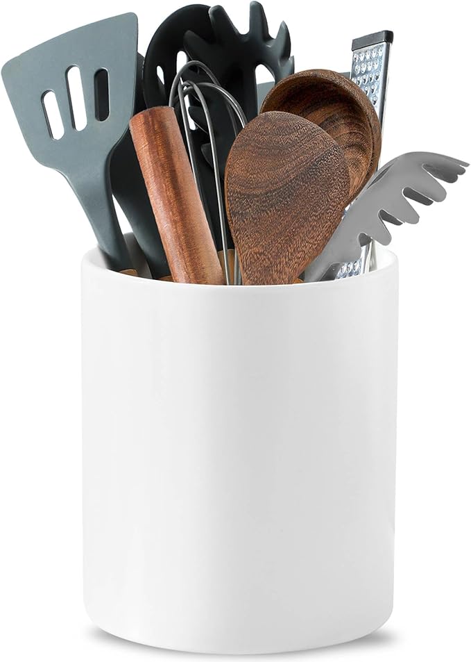 7" White Utensil Holder, Large Kitchen Utensil Holder Organizer , White Stable Utensil Crock Spatula Holder for Kitchen Counter Countertop Farmhouse Cooking Tools Holder by Howise