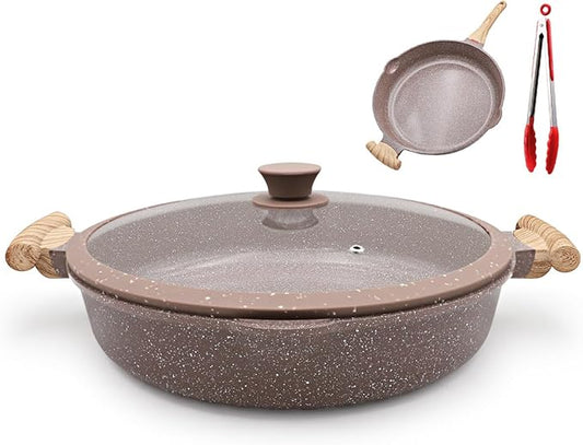 AIKENBBKK Ceramic Frying Pan with Lid, 14 Inch Saute Pan, Non Stick Frying Pans, 2-In-1 Large Cooking Pan, Nonstick Skillet, Compatible with All Stoves, PTFE & PFOA Free, Brown by AIKENBBKK
