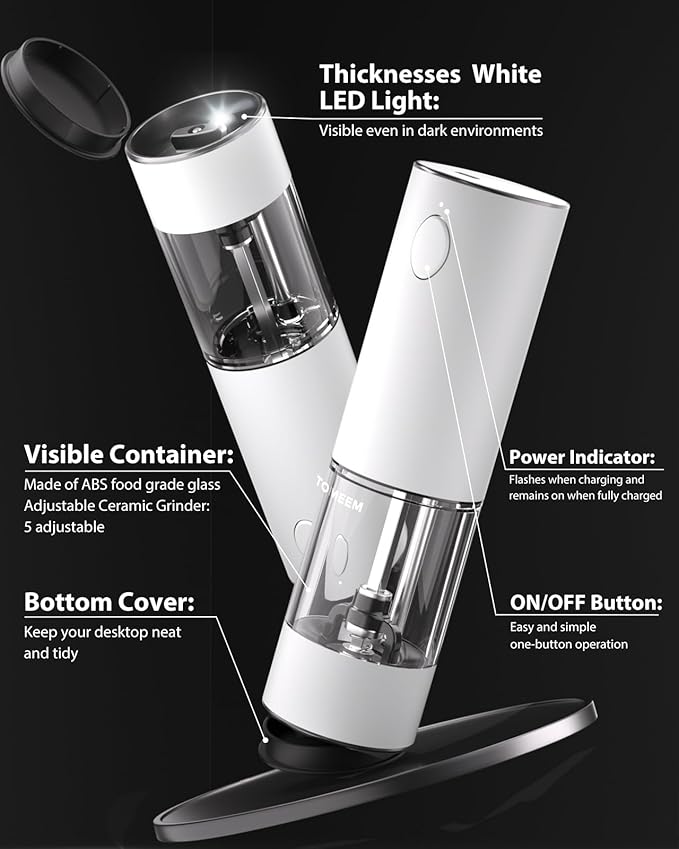 TOMEEM Upgraded Larger Capacity Electric Salt and Pepper Grinder Set Rechargeable with LED lights, Stainless Steel Automatic Pepper and Salt Grinder Refillable with 5 Adjustable Coarseness White - Image 7