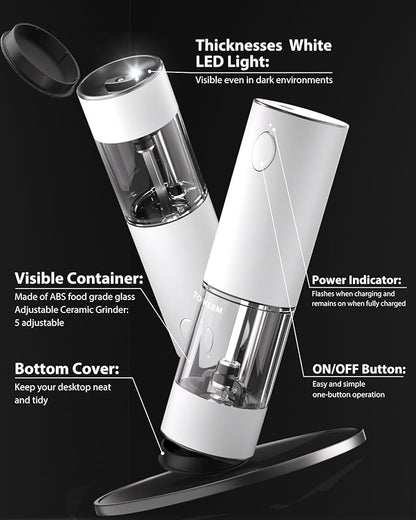 TOMEEM Upgraded Larger Capacity Electric Salt and Pepper Grinder Set Rechargeable with LED lights, Stainless Steel Automatic Pepper and Salt Grinder Refillable with 5 Adjustable Coarseness White - Image 7
