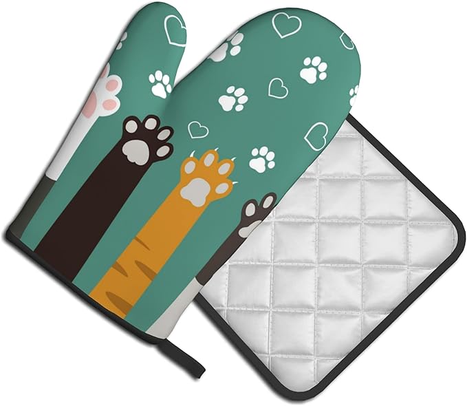 Cat Oven Mitt Potholders Sets - Paw Kitchen Mitts and Pot Holders Set of 2 Kitten Pet Oven Gloves Hot Pads for Cooking BBQ Baking Grilling - Image 2