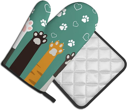 Cat Oven Mitt Potholders Sets - Paw Kitchen Mitts and Pot Holders Set of 2 Kitten Pet Oven Gloves Hot Pads for Cooking BBQ Baking Grilling - Image 2