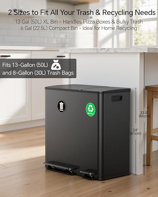 Lovewind Dual Trash and Recycling Bins for Kitchen, 13+6 Gallon Stainless Steel Garbage and Recycle Bin Combo for Large Families, Dual Trash Can with Soft Close Lid & Magnetic Stickers, Black - Image 3