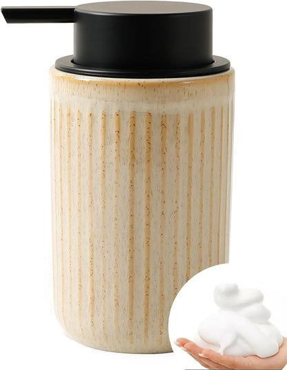 BosilunLife Foam Hand Soap Dispenser - Ceramic Foaming Soap Dispenser for Bathroom 12oz Refillable Liquid Lotion Soap Dispenser with Rust-Proof Foaming Pump for Countertop, Greige