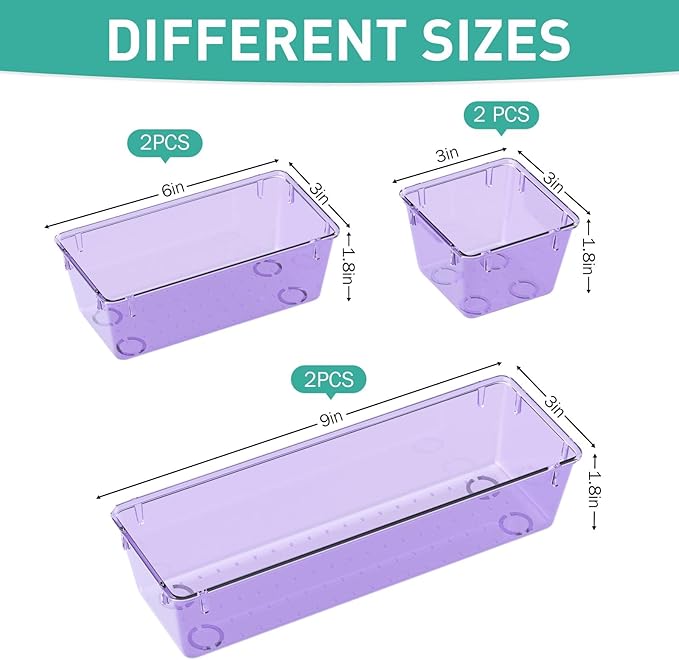 WOWBOX 6 Pack Clear Drawer Organizer Set, Acrylic Drawer Storage Trays, Storage Bins for Makeup, Cosmetics, Jewelries, Utensils, Gadgets, Office, Purple - Image 2