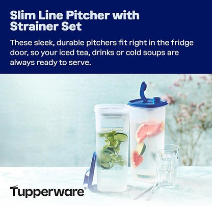 Tupperware Slim Line 2-Pitcher Set in Blue, Dishwasher Safe and BPA Free (2L / 8.4 Cups, Set of 2)