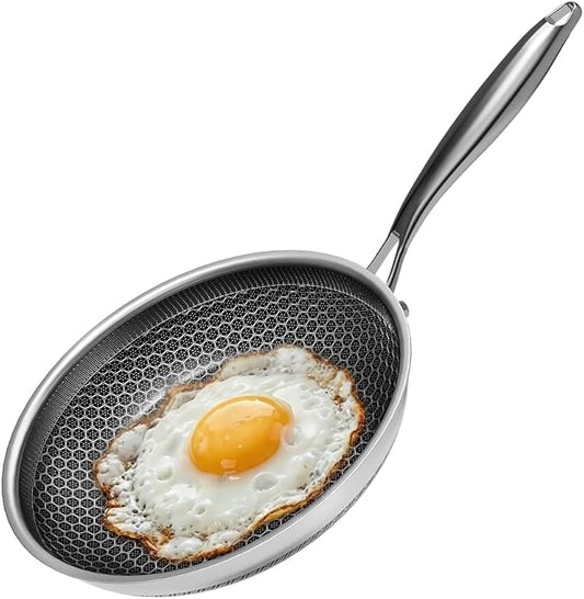 Honeycomb Stainless Steel Nonstick Frying Pan, Induction Cooktop Compatible Skillet, PFOA-Free Scratch-Proof, Dishwasher & Oven Safe, Stay-Cool Handle, Silver Kitchen Cookware by XBM