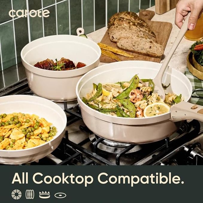 CAROTE 18 Pcs Ceramic Cookware Set Titanium Nonstick with Detachable Handles, Non Toxic Cookware, Pots and Pans Set Non Stick Removable Handles, Induction Available, Kitchen Cooking, Dishwasher Safe - Image 6