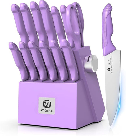 imarku® Kitchen Knife Set, Sharp Knives Set with Built-in Sharpener, Stainless Steel Block Knife Set and Non-Slip Ergonomic Handle, Dishwasher Safe, 14 PCS Professional Knife Set for Gift, Lavender by imarku