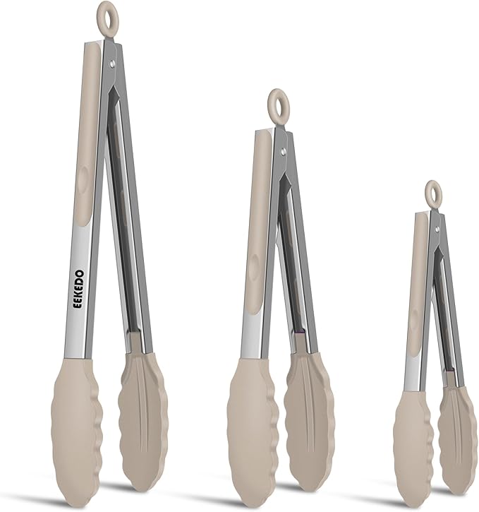 Kitchen Tongs, Stainless Steel Cooking Tongs with Silicone Tips, 600ºF High Heat-Resistant Non Scratch Locking Tongs for Cooking BBQ Grilling Air Fryer Pans, Set of 3 (7" 9" and 12") Beige by EEKEDO
