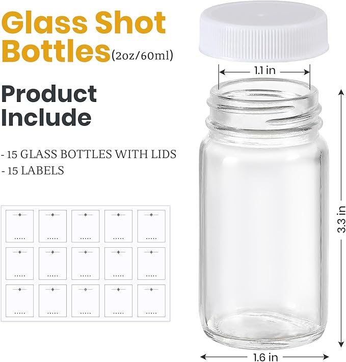 LANDNEOO 15 Pack 2 oz Glass Shot Bottles w/White Lids & 15 Labels - Small Clear Jar for Ginger, Wellness Shot, Juice, Sample, Whiskey - Travel Mini Bottles - Wide Mouth, Leakproof, Dishwasher Safe - Image 2