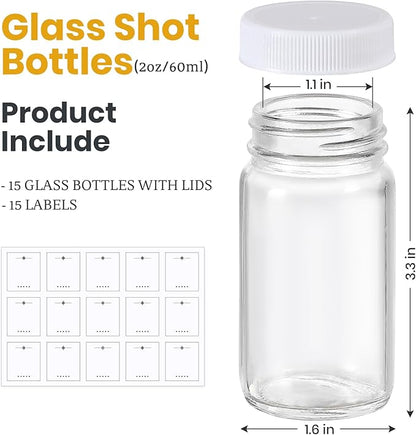 LANDNEOO 15 Pack 2 oz Glass Shot Bottles w/White Lids & 15 Labels - Small Clear Jar for Ginger, Wellness Shot, Juice, Sample, Whiskey - Travel Mini Bottles - Wide Mouth, Leakproof, Dishwasher Safe - Image 2