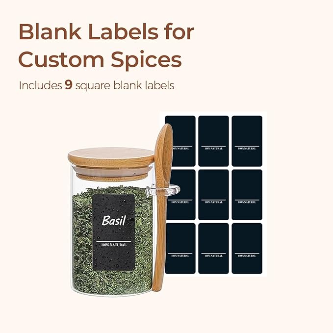 ComSaf Spice Jars with Spoon 8 oz 6Pack, Small Spice Containers Starter Set, Glass Seasoning Jars with Labels, Round Seasoning Containers for Salt, Pepper, Chili Powder, Sugar, Loose Tea Storage - Image 5