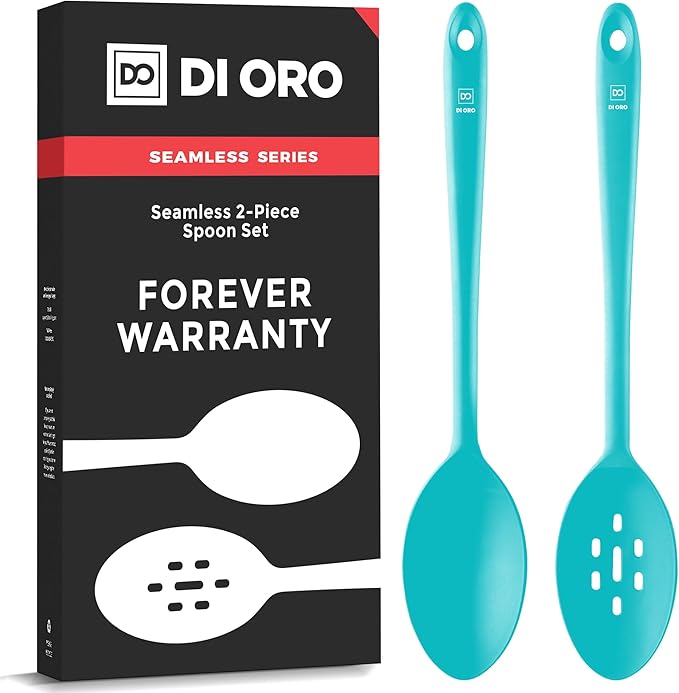 DI ORO Silicone Cooking Spoons - Large Mixing, Serving & Stirring - 600F Heat-Resistant Non-Stick - Big Solid & Slotted Basting Spoons - Dishwasher Safe (2pc, Teal) by DIORO