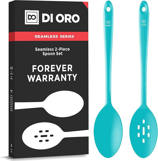 DI ORO Silicone Cooking Spoons - Large Mixing, Serving & Stirring - 600F Heat-Resistant Non-Stick - Big Solid & Slotted Basting Spoons - Dishwasher Safe (2pc, Teal) by DIORO
