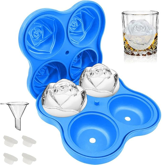 CAMKYDE Rose Ice Cube Tray 2.5 Inch [1 Mold + 1 Funnel + 4 Stoppers], 4 Cavity Silicone Rose Ice Cube Mold for Whiskey, Chilling Cocktails, Bourbon, Juice (Blue)