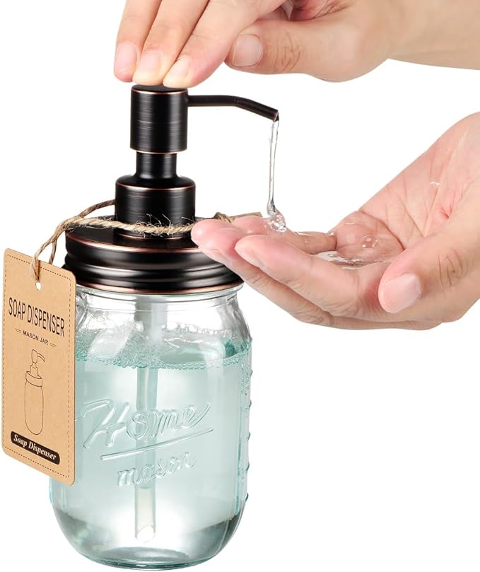Amolliar Mason Jar Liquid Soap Dispenser, 16 OZ Lotion Glass Dispenser, Cute Farmhouse Decor for Kitchen, Bathroom, Refillable Dispenser for Hand Soap, Dish Soap, Lotion Soap, Oil Rubbed Bronze 1 Pack - Image 3
