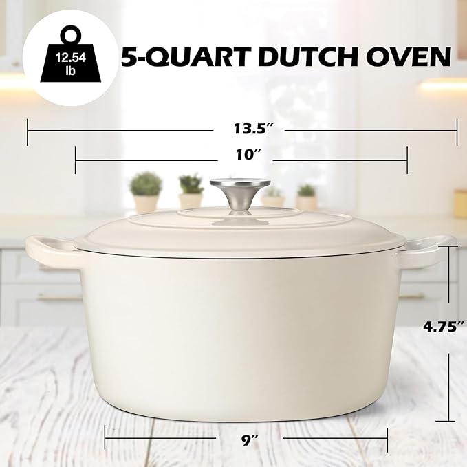 TeamFar 5Qt Dutch Oven, Enameled Cast Iron Dutch Oven with Lid & Dual Handles for Cooking Baking Braising Simmering, Healthy & Sturdy, Oven & Various Stovetops Safe, Non-stick & Easy Clean - Cream White - Image 2