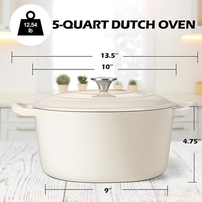 TeamFar 5Qt Dutch Oven, Enameled Cast Iron Dutch Oven with Lid & Dual Handles for Cooking Baking Braising Simmering, Healthy & Sturdy, Oven & Various Stovetops Safe, Non-stick & Easy Clean - Cream White - Image 2