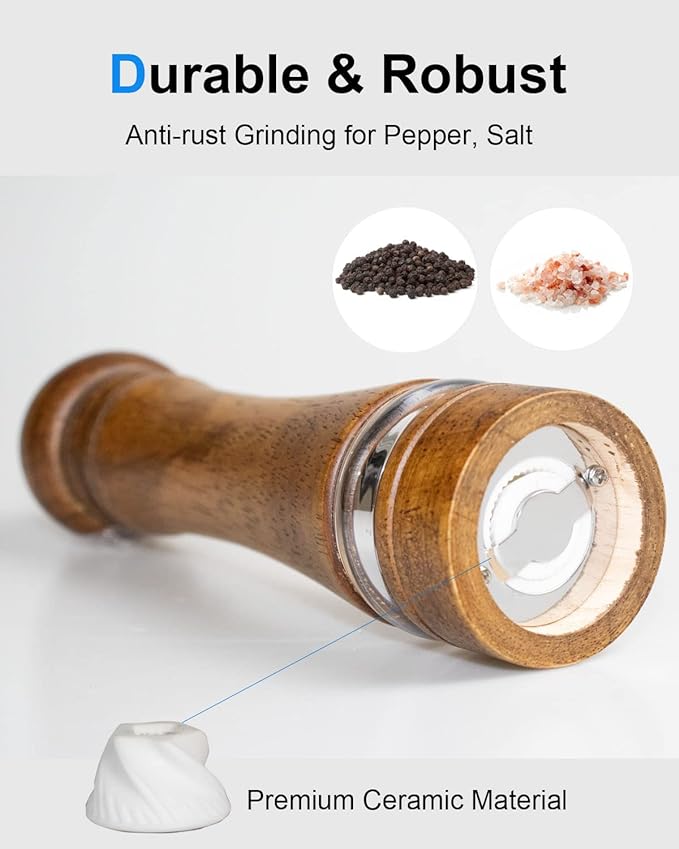 Pepper Grinder Salt Grinder Wooden Pepper Mill Grinder w/Adjustable Coarse, 8 inch Tall Wood Refillable Manual Pepper Grinder Mill Peppermill for Black Peppercorn, Easy Clean w/Cleaning Brush - Image 3