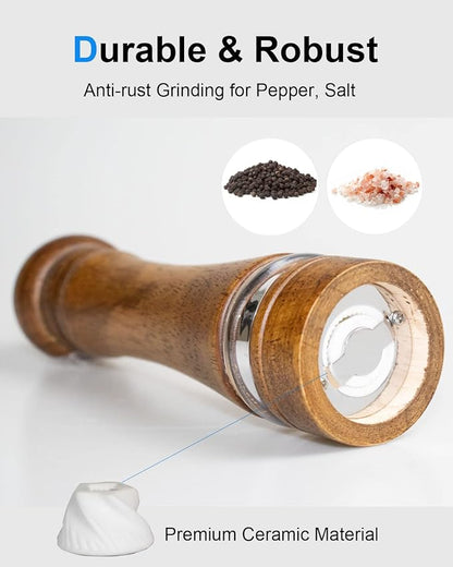 Pepper Grinder Salt Grinder Wooden Pepper Mill Grinder w/Adjustable Coarse, 8 inch Tall Wood Refillable Manual Pepper Grinder Mill Peppermill for Black Peppercorn, Easy Clean w/Cleaning Brush - Image 3