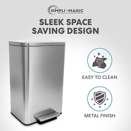 SIMPLI-MAGIC 50 Liter / 13.2 Gallon Soft-Close, Smudge Resistant Trash Can with Foot Pedal and Built in Filter- Stainless Steel, Sleek Finish - Image 7