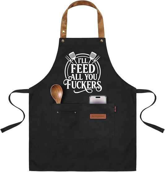 INNORU I'll Feed All You Fuckers Sign Apron with Pockets, Funny Cooking Baking Barbecue Apron Adjustable, Oilproof Ideal Kitchen Supplies