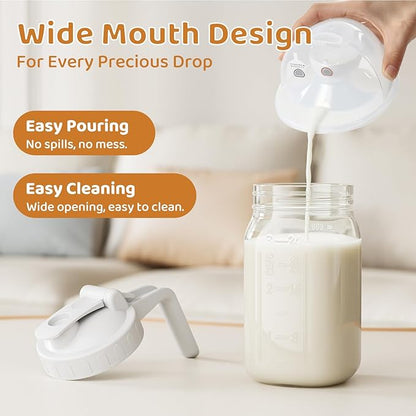 Breast Milk Pitcher, Mason Jar 32 oz, Heavy Duty Wide Mouth Jar with White Flip Cap Lid and Pour Spout, Airtight Seal for Freshness and Convenience, Formula Pitcher Great for Cold Beverages - Image 6