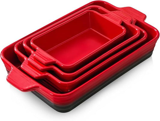 Casserole Dishes For Oven, Heat-Resistant Ceramic Bakeware Set Of 4 Rectangular Baking Dish Set With Handles For Lasagna, Cake, Pie, Dinner, Cooking, Ceramic Baking Dish, Red (9.4"/11.1"/12.2"/14.7") by Unknown