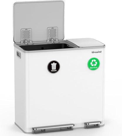 Lovewind Dual Trash Can, 14 + 6 Gallon Garbage Can for Kitchen Dual Compartment Recycling Kitchen Step Trash Bin, Stainless Steel Trash and Recycle Bin Combo with Soft-Close Lid, White by LOVEWIND