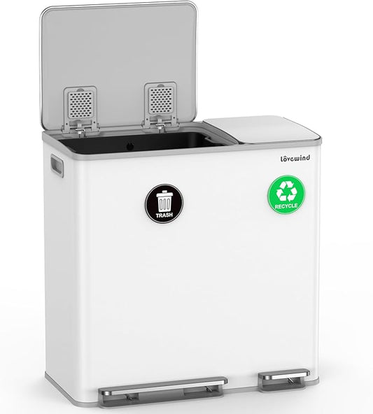 Lovewind Dual Trash Can, 14 + 6 Gallon Garbage Can for Kitchen Dual Compartment Recycling Kitchen Step Trash Bin, Stainless Steel Trash and Recycle Bin Combo with Soft-Close Lid, White by LOVEWIND