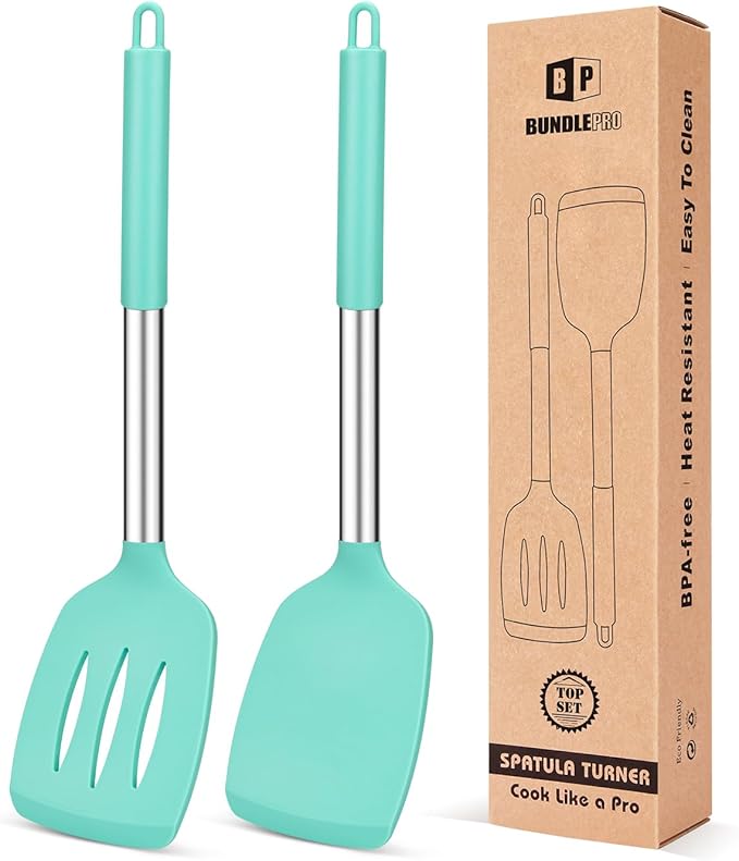 Pack of 2 Silicone Solid Turner, Non Stick Slotted Kitchen Spatulas, High Heat Resistant BPA Free Cooking Utensils, Ideal Cookware for Fish, Eggs, Pancakes(Green) by BUNDLEPRO