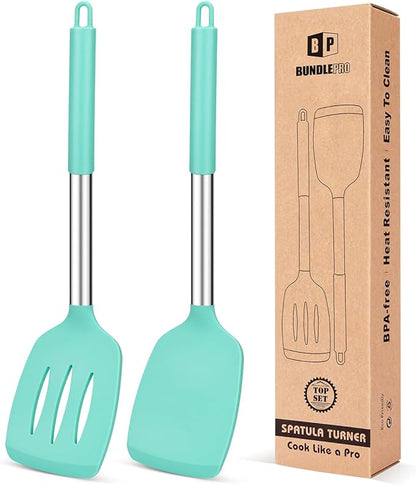 Pack of 2 Silicone Solid Turner, Non Stick Slotted Kitchen Spatulas, High Heat Resistant BPA Free Cooking Utensils, Ideal Cookware for Fish, Eggs, Pancakes(Green) by BUNDLEPRO