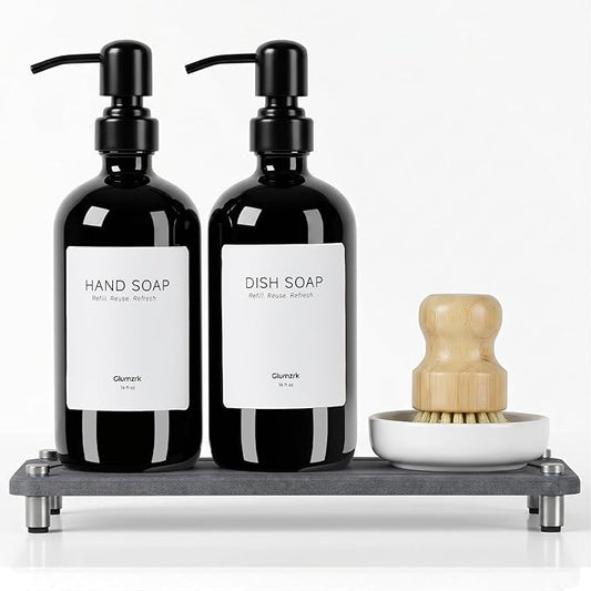 2 Pack Kitchen Soap Dispenser Set - 16oz Black Glass Dish and Hand Soap Dispenser with Stainless Steel Pump, Instant Dry Tray, Dish Brush & Holder, Refillable Countertop Sink Decor for Kitchen & Bath by BoundlessHomeInfiniteLiving
