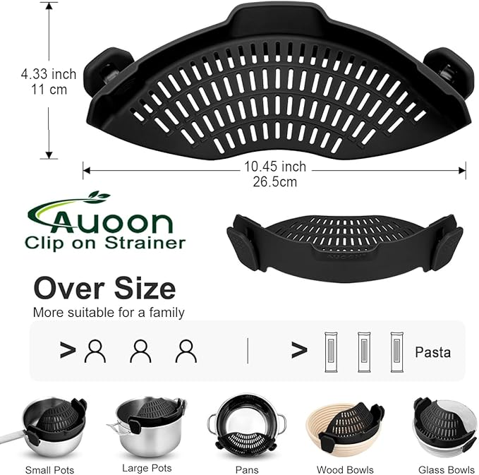 Large AUOON Clip on Strainer for All Pots and Pans - Oversized Silicone Pot Strainer Family-Style Design Pasta Strainer Kitchen Colander for Spaghetti and Noodles | Dishwasher Safe - Image 3