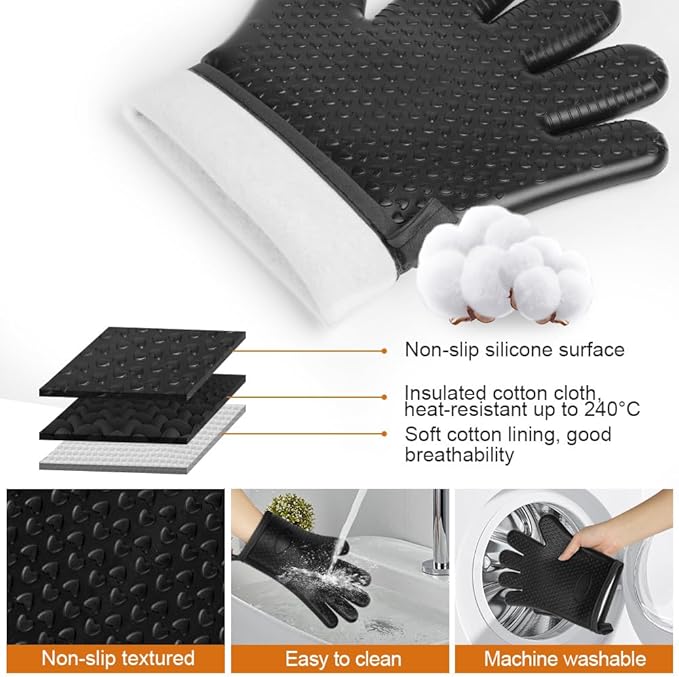 AUAUY Oven Mitts with 2 Pot Holders, Silicone Oven Gloves Heat Resistant 464°F, BBQ Gloves with Fingers, Non-Slip Oven Gloves, Cooking Gloves for Grilling Kitchen Baking Oven Microwave, Black - Image 3