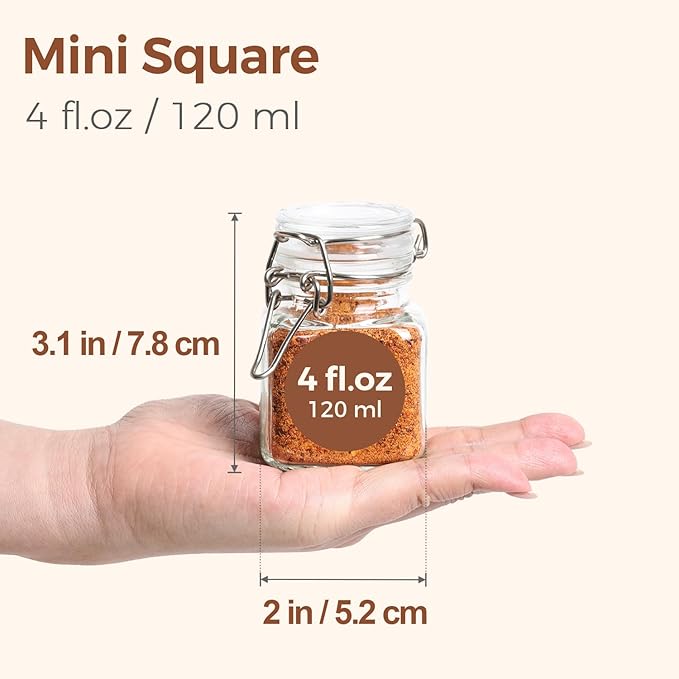 ComSaf Set of 6 Square Glass Spice Jars with Airtight Lids (4 Oz), Mini Favor Jars with Wire Clamp for Honey, Herbs & Farmhouse Kitchen Pantry Organization, with Funnel & Labels - Image 2