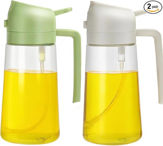 Aovdy Oil Sprayer for Cooking 16oz,2 in 1 Olive Oil Dispenser and Oil Sprayer - 470ml Olive Bottle Spray and Pour - Glass Oil Dispenser for Kitchen Cooking Salad BBQ (2PCS-White & Green)