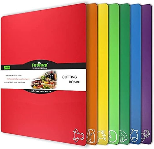 Fotouzy Plastic Cutting Boards for Kitchen, Flexible Cutting Mats Set of 7 with Food Icons, BPA-Free, Upgrade 100% Anti-skid, Dishwasher Safe, 15x12 In, Rainbow Colors by Fotouzy